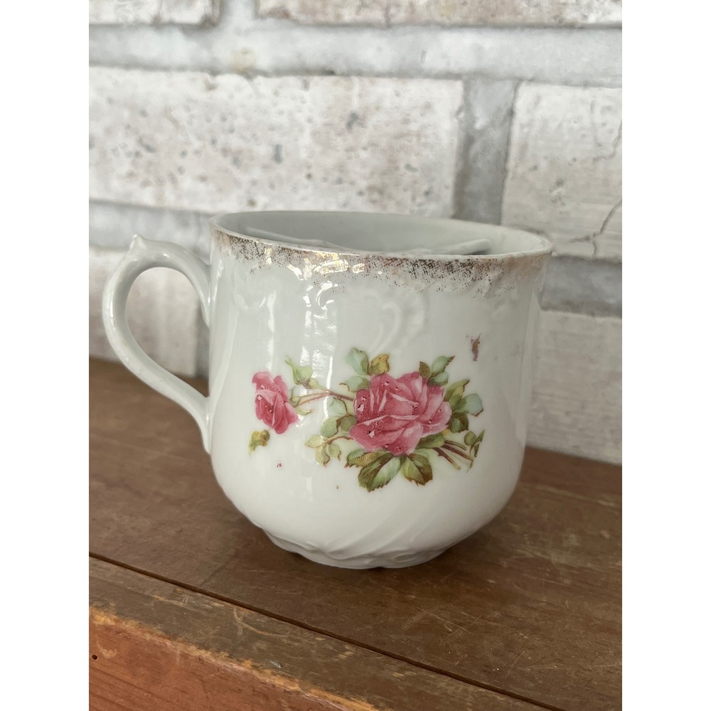 Vintage Mustache Mug Tea Cup White Porcelain Rose Decor Gold Trim